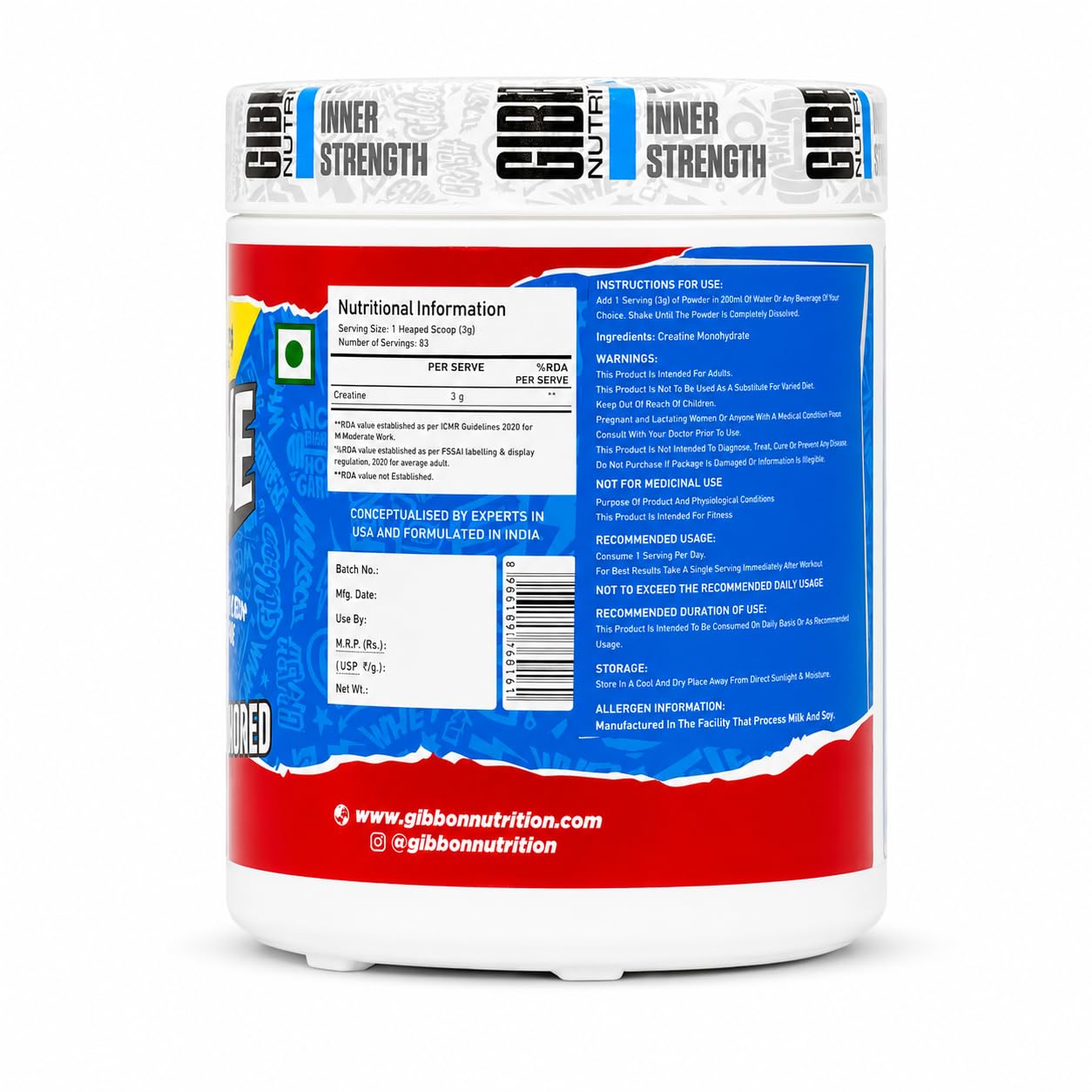 Gibbon Creatine Monohydrate Powder| 3000mg Micronised Pure Creatine per Scoop | Pre & Post Workout for Strength| Muscle Gain & Recovery