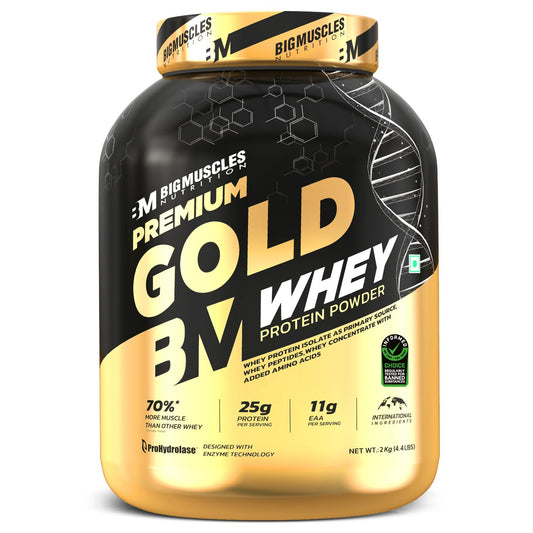 Bigmuscles Nutrition Premium Gold Whey | Informed Choice UK Certified | Isolate Whey Protein Blend | 25g Protein | 11g EAA | ProHydrolase Enzyme Technology