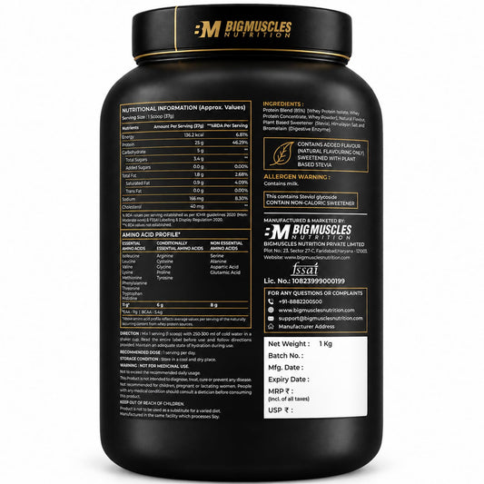 Bigmuscles Nutrition Premium Gold Whey | Informed Choice UK Certified | Isolate Whey Protein Blend | 25g Protein | 11g EAA | ProHydrolase Enzyme Technology