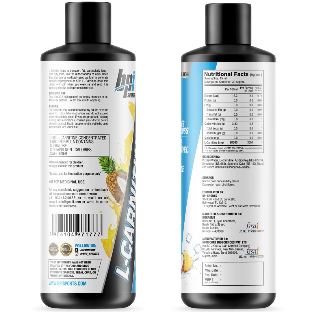 BPI Sports Liquid-Carnitine 3000 Stimulant Free Liquid Shots for Men and Women | Workout Drink for Performance and Muscle Recovery | 30 Servings
