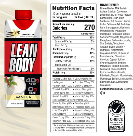 Labrada Lean Body Ready-to-Drink Vanilla Protein Shake| 40g Protein | 0 Sugar| Gluten Free| 22 Vitamins & Minerals