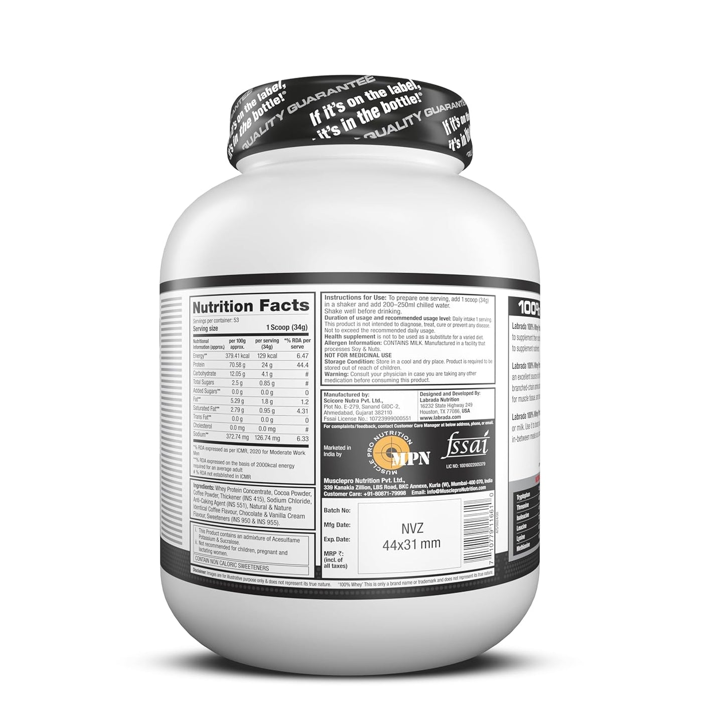 Labrada 100% Whey Protein Concentrate | Post Workout | 26g Protein | 0g Sugar