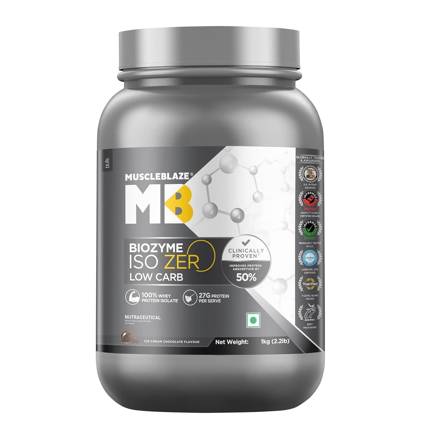 MuscleBlaze Biozyme Iso-Zero| Low Carb Whey Protein Isolate Powder| 27g Isolate Whey Per Scoop | USA Patent-Published Enhanced Absorption Formula (EAF)