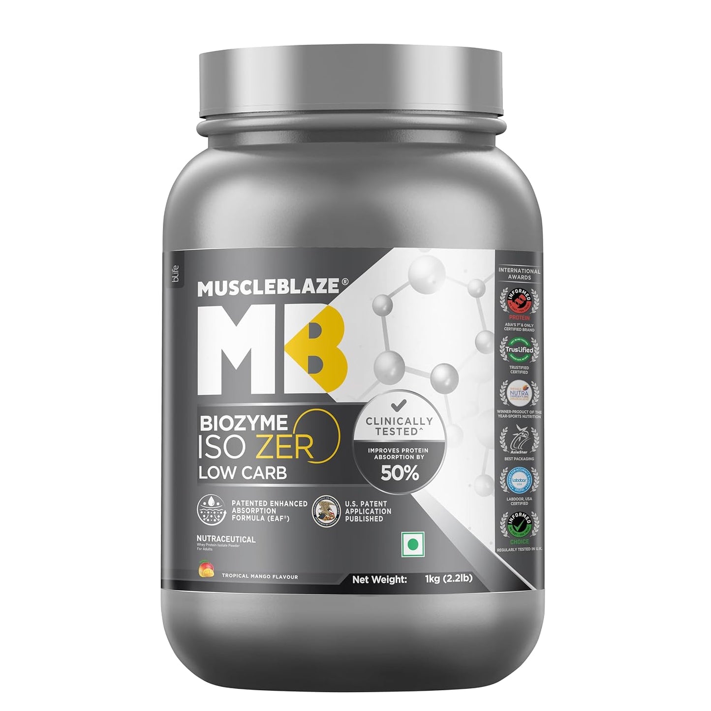 MuscleBlaze Biozyme Iso-Zero| Low Carb Whey Protein Isolate Powder| 27g Isolate Whey Per Scoop | USA Patent-Published Enhanced Absorption Formula (EAF)