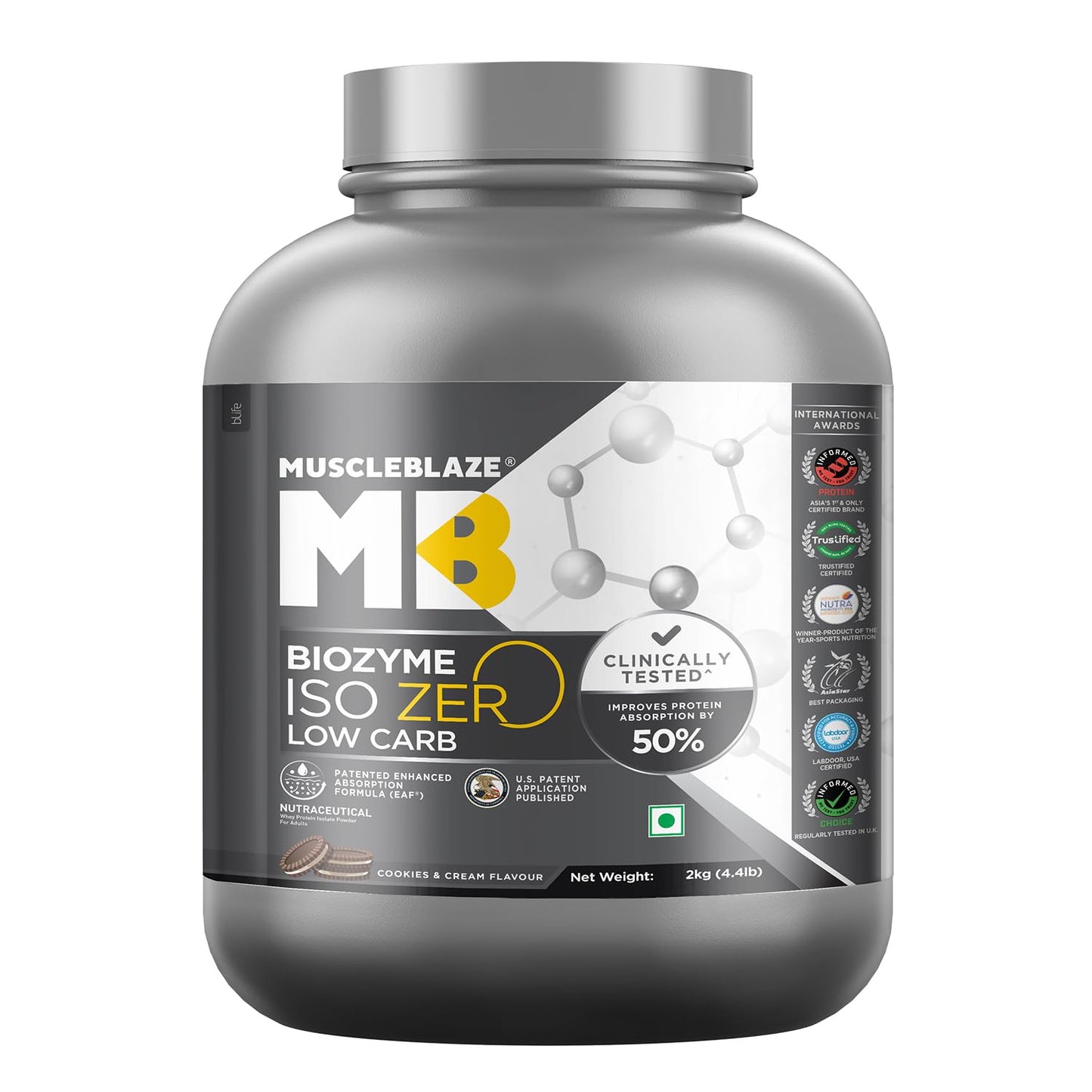 MuscleBlaze Biozyme Iso-Zero| Low Carb Whey Protein Isolate Powder| 27g Isolate Whey Per Scoop | USA Patent-Published Enhanced Absorption Formula (EAF)