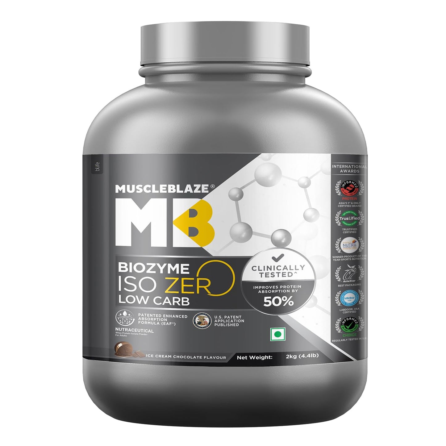 MuscleBlaze Biozyme Iso-Zero| Low Carb Whey Protein Isolate Powder| 27g Isolate Whey Per Scoop | USA Patent-Published Enhanced Absorption Formula (EAF)