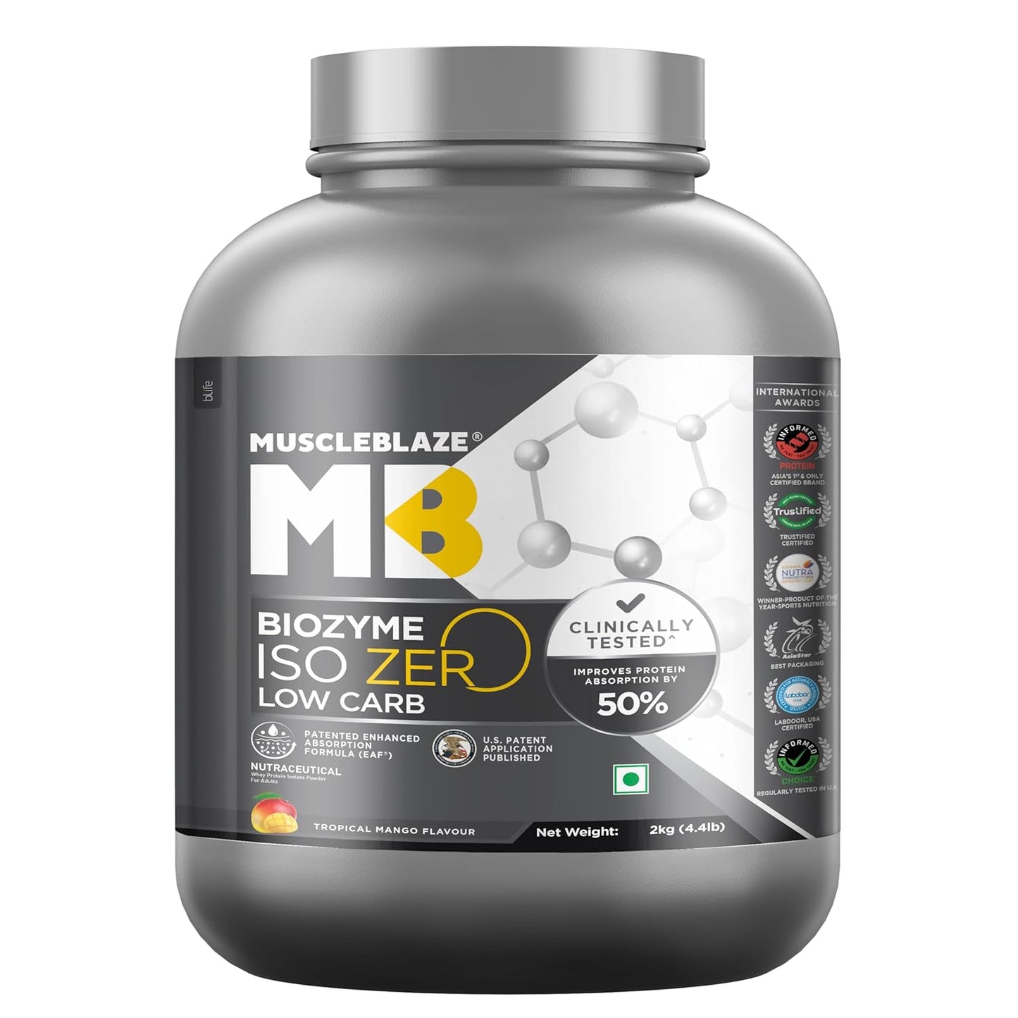 MuscleBlaze Biozyme Iso-Zero| Low Carb Whey Protein Isolate Powder| 27g Isolate Whey Per Scoop | USA Patent-Published Enhanced Absorption Formula (EAF)