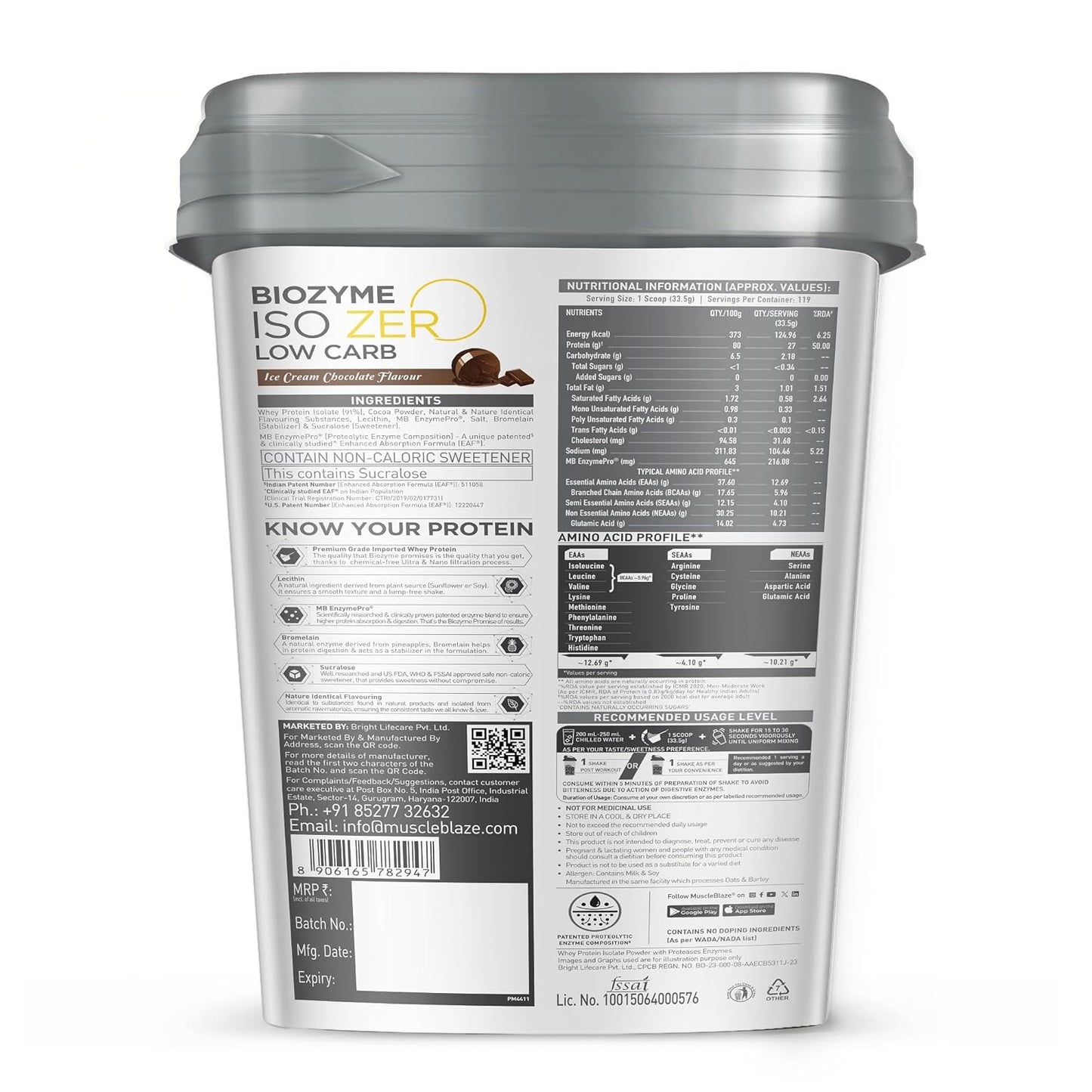 MuscleBlaze Biozyme Iso-Zero| Low Carb Whey Protein Isolate Powder| 27g Isolate Whey Per Scoop | USA Patent-Published Enhanced Absorption Formula (EAF)