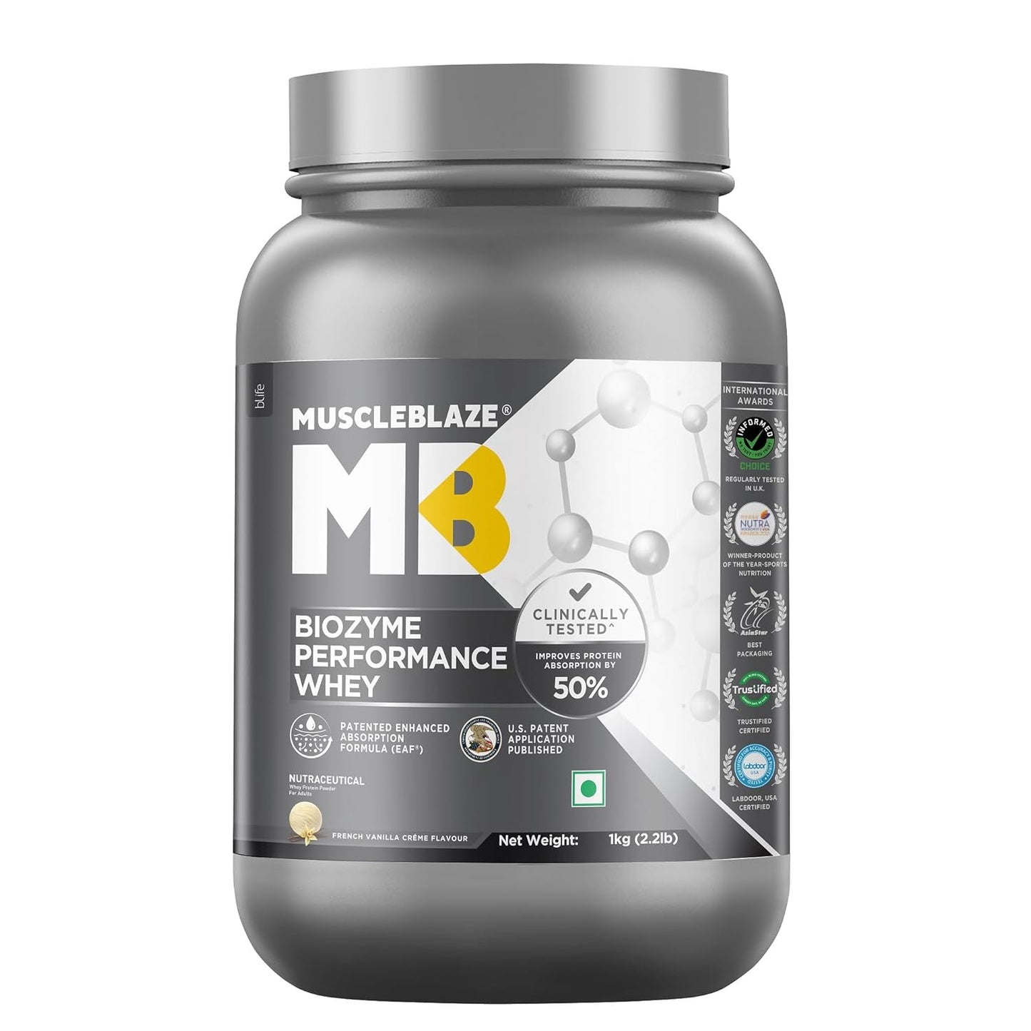 MuscleBlaze Biozyme Performance Whey Protein Powder | 25g Protein Per Scoop | Clinically Tested 50% Higher Protein Absorption