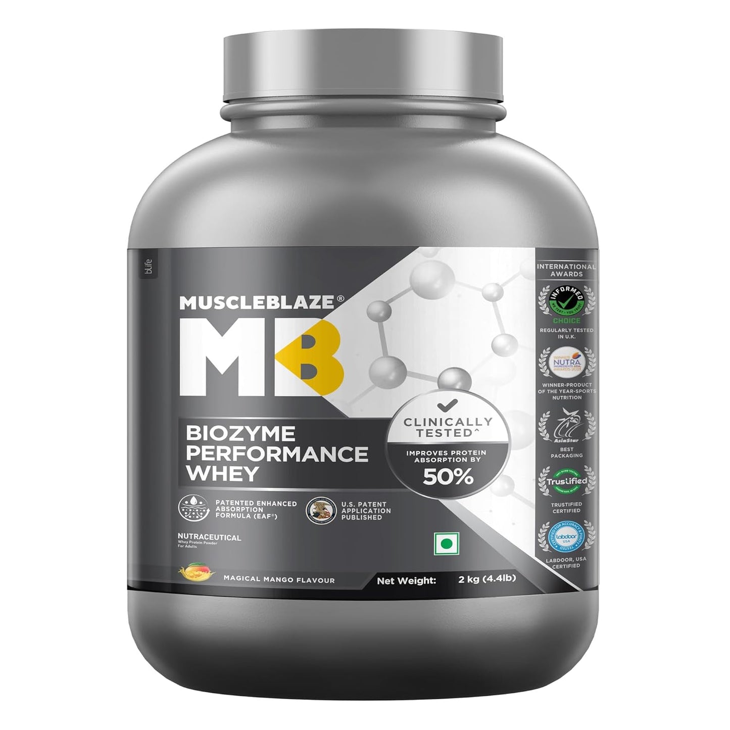MuscleBlaze Biozyme Performance Whey Protein Powder | 25g Protein Per Scoop | Clinically Tested 50% Higher Protein Absorption
