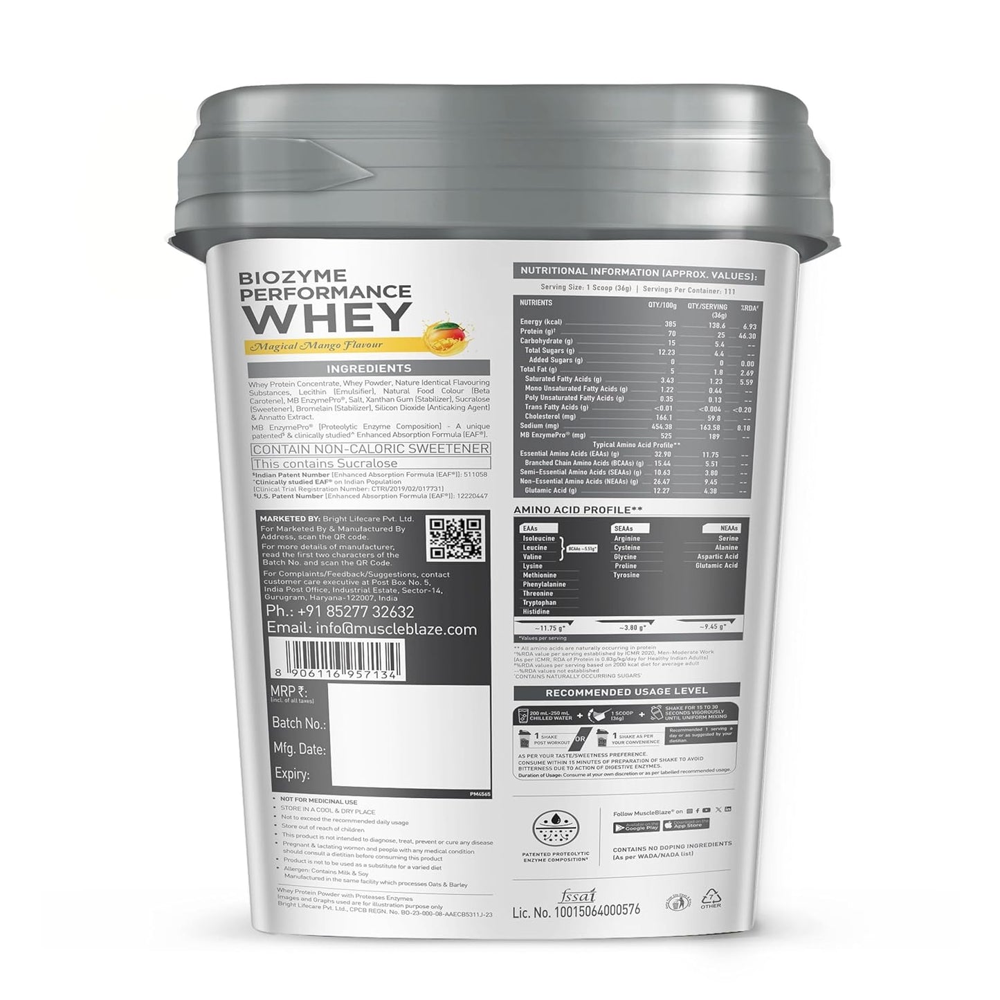MuscleBlaze Biozyme Performance Whey Protein Powder | 25g Protein Per Scoop | Clinically Tested 50% Higher Protein Absorption