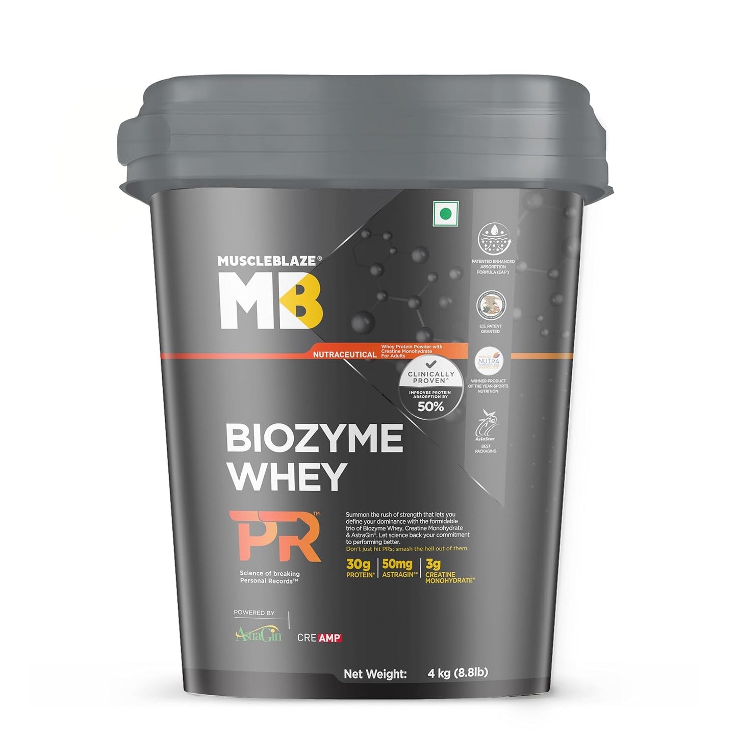 MuscleBlaze Biozyme Whey Protein PR Powder with 30g Protein| 3g Creatine Monohydrate |50mg AstraGin | Trustified Gold Certified