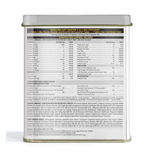 MuscleBlaze Biozyme Daily Multivitamin|5-In-1 Supplement With Vitamins | Minerals| Joint| T-Booster Blend| With Us Patent Published Eafa |For Higher Energy & Improved Performance |1 Count |90 Capsules