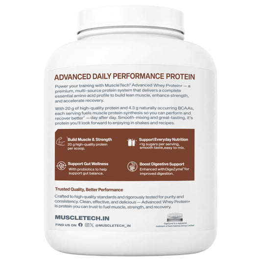 MuscleTech Advanced Whey Protein+ | 20 g Protein & 4.3 g BCAAs Per Serving | With DigeZyme & Probiotics | Supports Muscle| Strength & Recovery