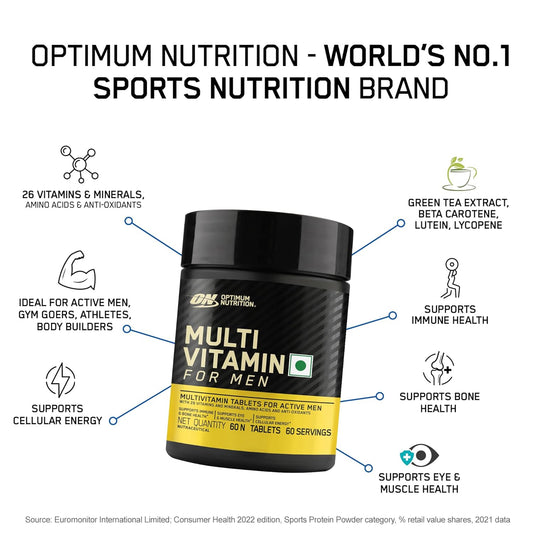 Optimum Nutrition Multivitamin for MEN| 60 Tablets| 26 Vitamins & Minerals| Amino Acids & Anti-Oxidants |Green Tea Extract| Beta Carotene| Lutein| Lycopene