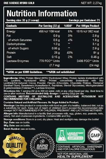 One Science Nutrition (OSN) HYDRO GOLD Protein Powder | 5lbs | Hydrolyzed Whey for easy digestion | highly-refined and low-calorie protein | 26g Isolate Protein | 5.5g BCAA