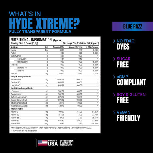 Prosupps Hyde Xtreme |Hard Hitting Energy Pre Workout Supplement | Caffeine| Beta-alanine| Creatine HCl| L-arginine | For Muscle Pump| Vascularity| Strength and Focus