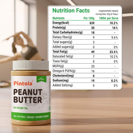 Pintola All Natural Peanut Butter | Unsweetened | 30g Protein | Gluten & Cholesterol Free| Vegan Peanut Butter| High in Protein Spread| 100% Pure Roasted peanuts butter
