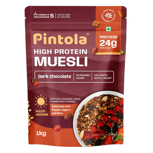 Pintola High Protein Muesli | 24g Protein| High Fibre| Trans Fat Free with Brown Sugar| Real Fruits| Muesli for Breakfast Food