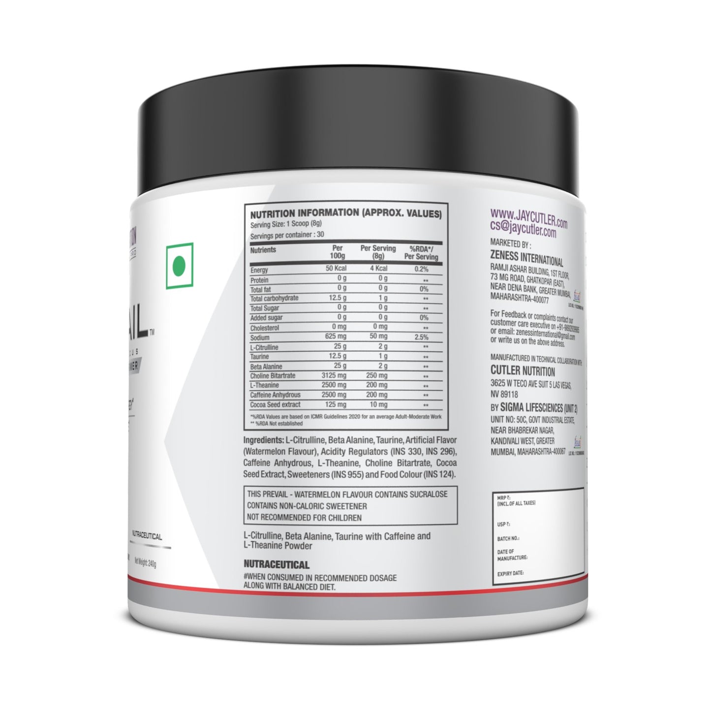 Cutler Nutrition Prevail Pre Workout Powder with Nootropics| Pre Workout for Men and Women | Cutting Edge Energy and Focus Supplement with L Citrulline, Alpha GPC, L Tyrosine, Neurofactor