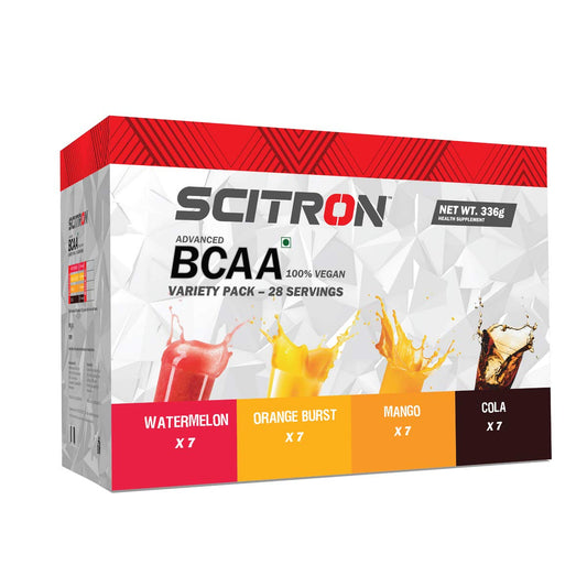 Scitron Advanced BCAA 100% Vegan |4 Flavour Variety Box | 28 Servings |7 Single Servings of each flavour