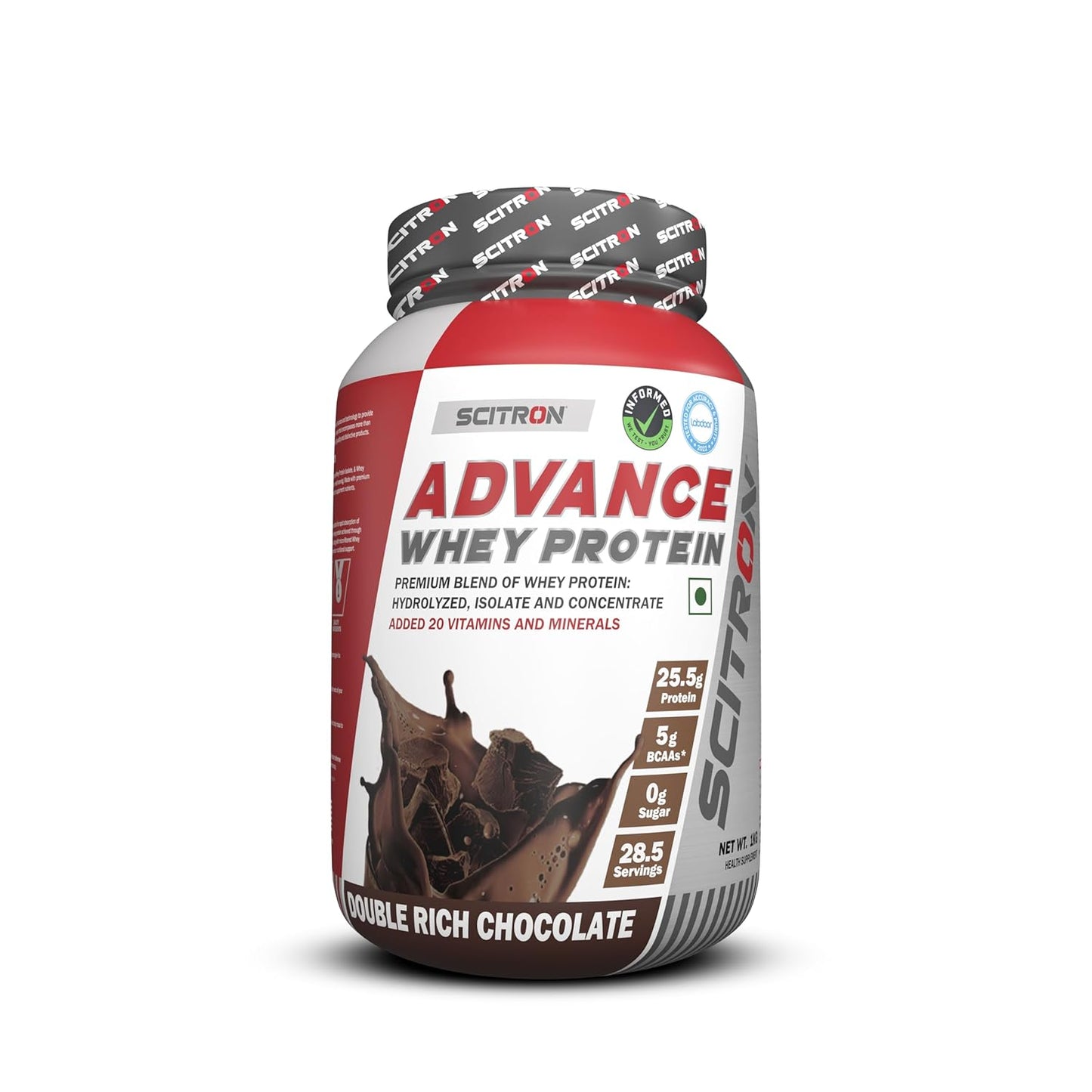 Scitron Advance Whey Protein | 25.5g Protein |5g BCAAs| 0g Sugar| 20 Vitamins & Minerals| Certified by Labdoor, USA | Sourced from Glanbia Nutrition | Certified by Informed Choice