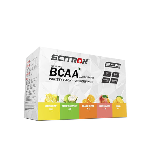 Scitron Advanced 100% VEGAN BCAA Variety Pack | Build Lean Muscle| Recover Faster | 5 Flavours Variety Box |30 Servings |6 Single Servings of each flavour | Lemon Lime| Tender Coconut| Orange Burst| Peach Orange| Mango