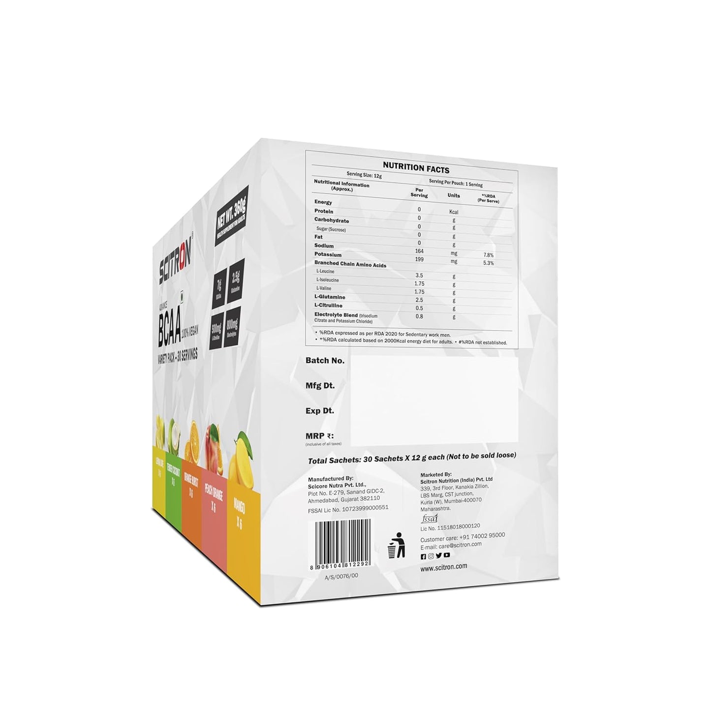 Scitron Advanced 100% VEGAN BCAA Variety Pack | Build Lean Muscle| Recover Faster | 5 Flavours Variety Box |30 Servings |6 Single Servings of each flavour | Lemon Lime| Tender Coconut| Orange Burst| Peach Orange| Mango