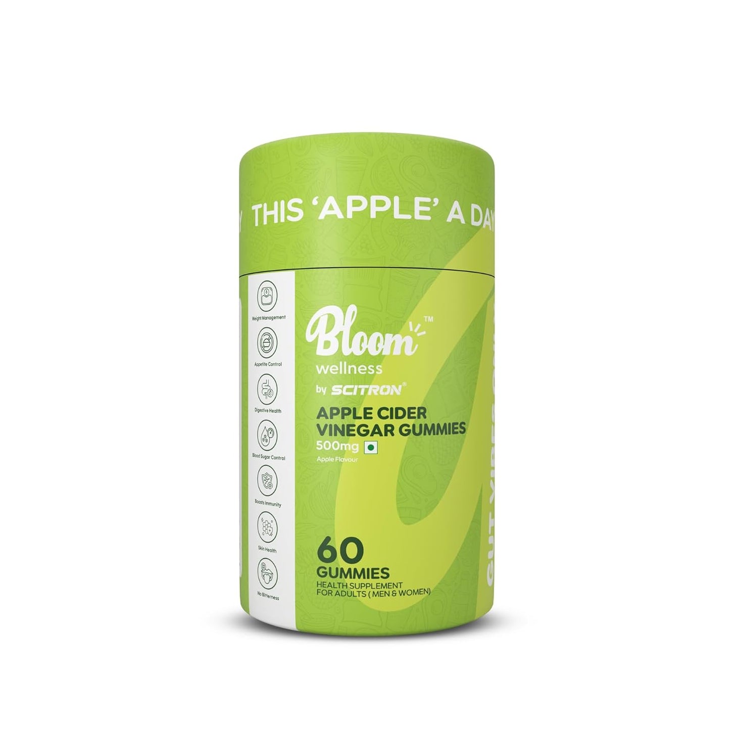 Scitron Bloom Wellness Apple Cider Vinegar Gummies | 500mg ACV | Supports Weight Management| Digestion & Immunity | No Added Sugar | Gluten-Free | Apple Flavor | 60 Gummies