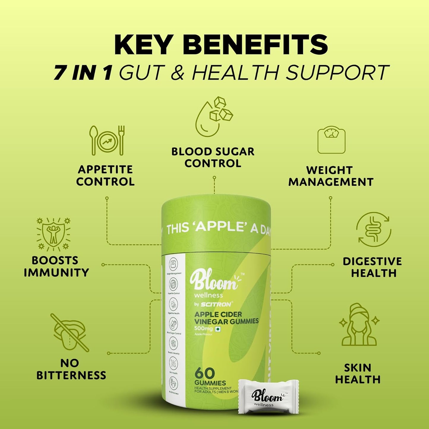 Scitron Bloom Wellness Apple Cider Vinegar Gummies | 500mg ACV | Supports Weight Management| Digestion & Immunity | No Added Sugar | Gluten-Free | Apple Flavor | 60 Gummies