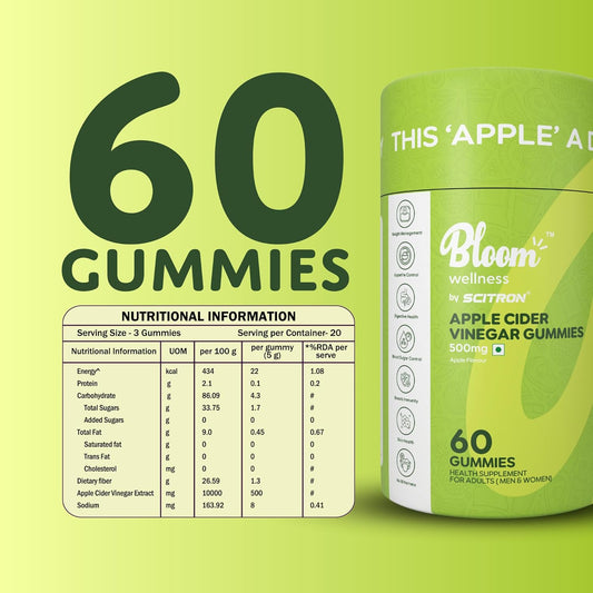 Scitron Bloom Wellness Apple Cider Vinegar Gummies | 500mg ACV | Supports Weight Management| Digestion & Immunity | No Added Sugar | Gluten-Free | Apple Flavor | 60 Gummies