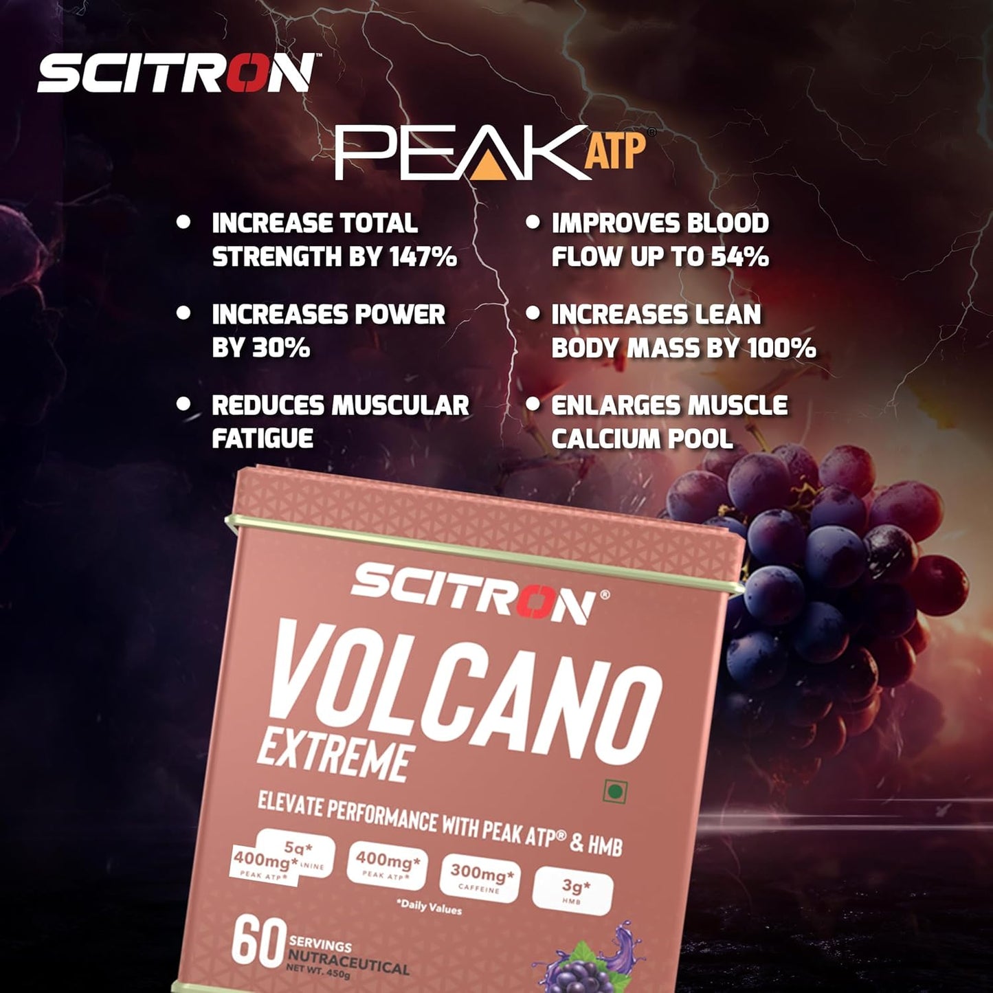 Scitron Volcano Extreme Pre-Workout 60 Servings- Grape | India's First Pre-Workout with Peak ATP & myHMB| 5g of Beta-Alanine| 400mg Peak ATP| 300mg caffeine |3g myHMB