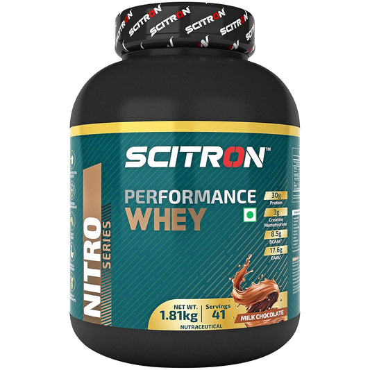 Scitron Performance Whey Protein Powder 1.81Kg | Milk Chocolate | 30g Protein |3g Creatine Monohydrate| 8.5g BCAAs and 17.6g EAAs| For Enhanced Immunity and Performance