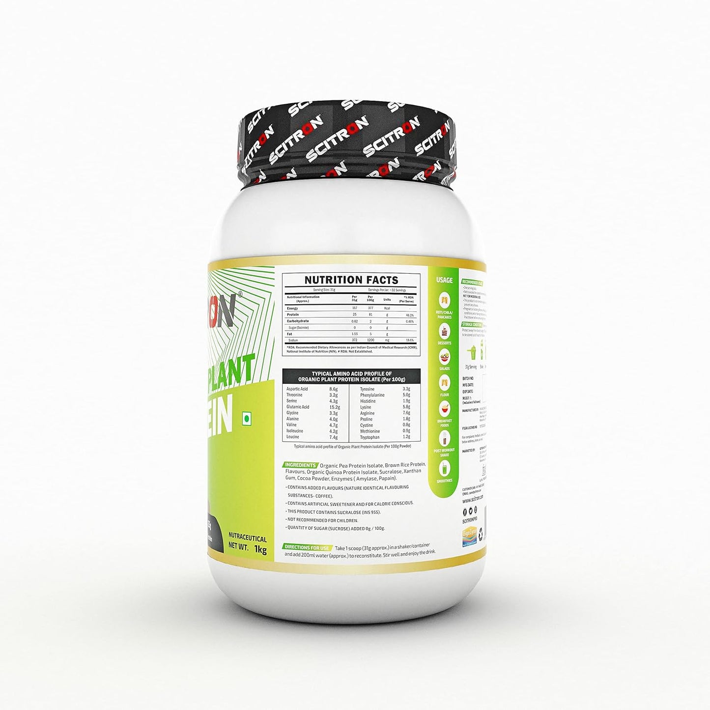 Scitron Organic Plant Protein 1kg |32 Servings| 25g Protein| 5g BCAAs| 0g Sugar