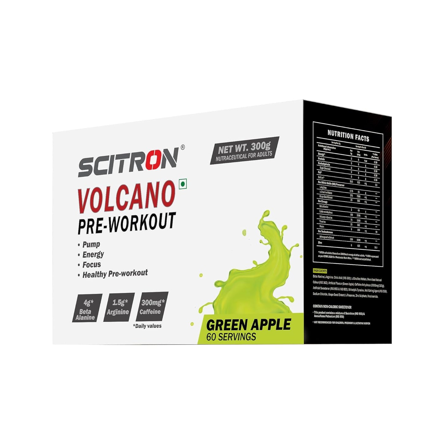 Scitron Volcano Pre Workout | 4g Beta Alanine | 1.5g Arginine | 300mg Caffeine | 0g Sugar | Boost Energy & Focus| Healthy Pre-workout