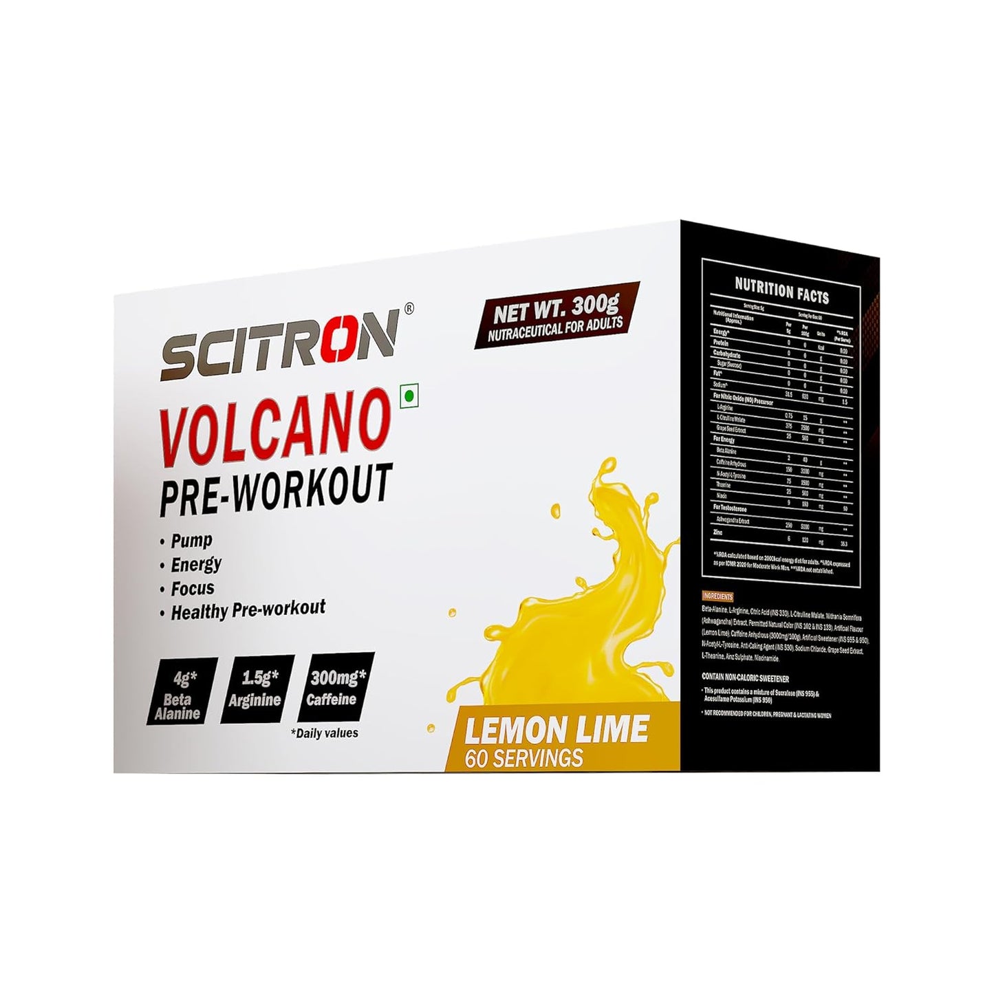 Scitron Volcano Pre Workout | 4g Beta Alanine | 1.5g Arginine | 300mg Caffeine | 0g Sugar | Boost Energy & Focus| Healthy Pre-workout