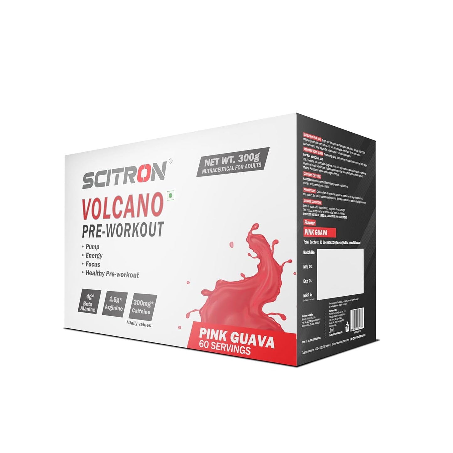 Scitron Volcano Pre Workout | 4g Beta Alanine | 1.5g Arginine | 300mg Caffeine | 0g Sugar | Boost Energy & Focus| Healthy Pre-workout