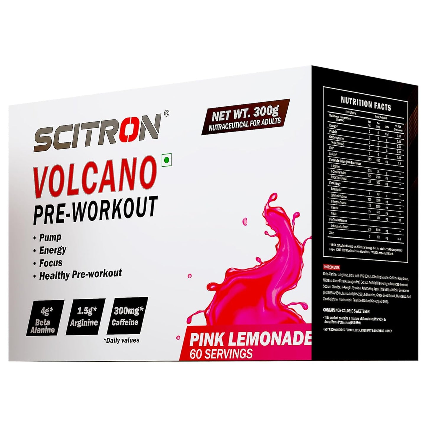 Scitron Volcano Pre Workout | 4g Beta Alanine | 1.5g Arginine | 300mg Caffeine | 0g Sugar | Boost Energy & Focus| Healthy Pre-workout