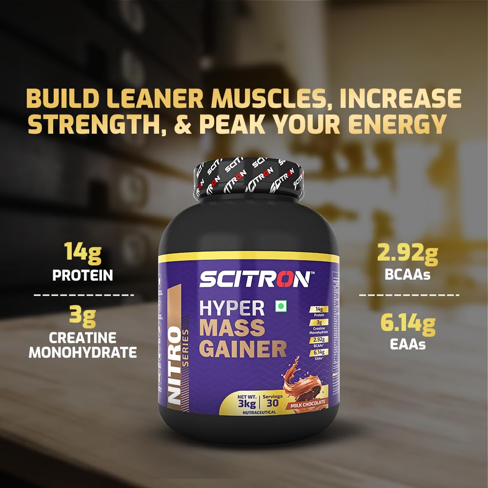 SCITRON Nitro Series Hyper Mass Gainer | 377 Kcal| 14g Protein| 78g Carbs| 3g Creatine Monohydrate| 2.92g BCAAs| 6.14g EAAs | Max Gains | Max Results