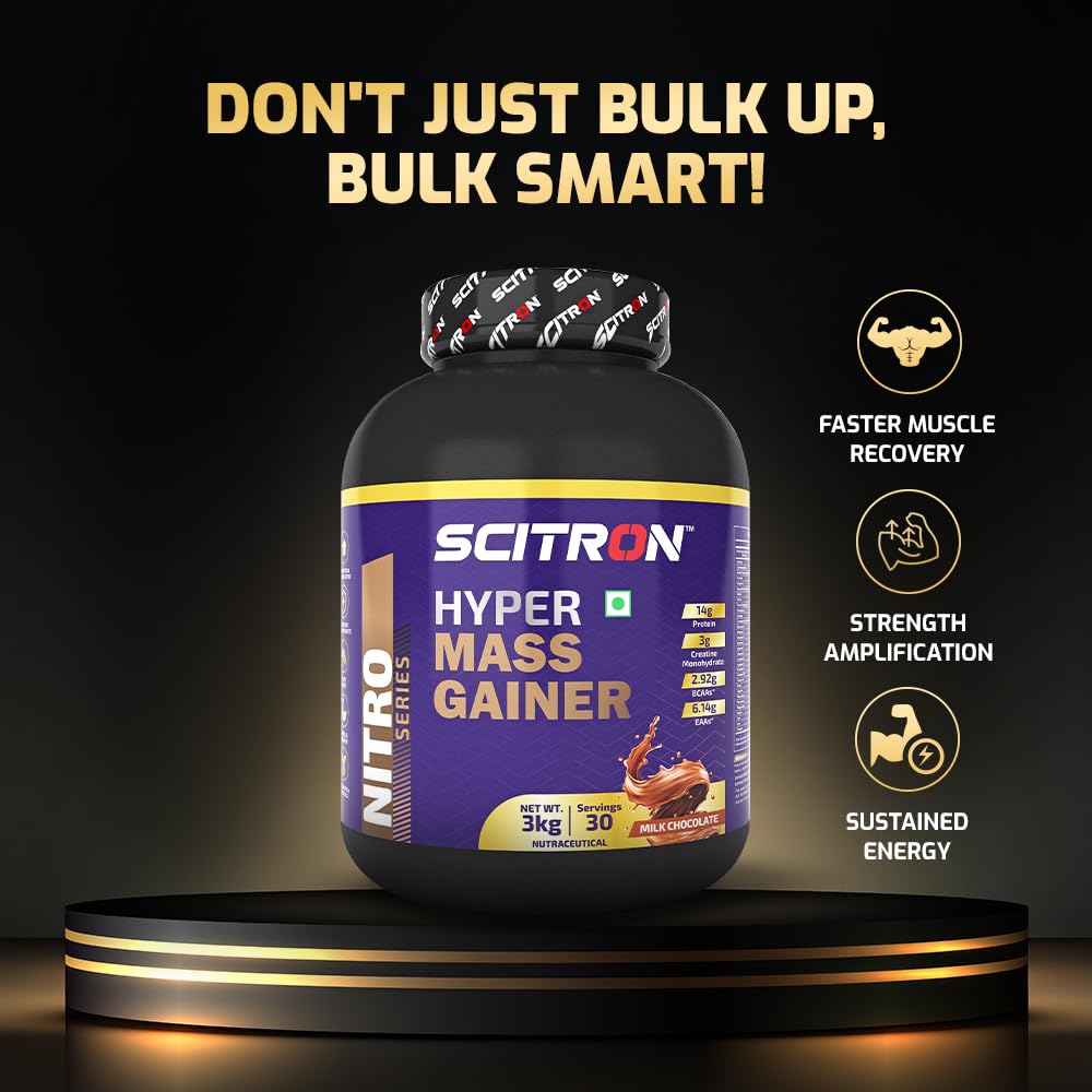 SCITRON Nitro Series Hyper Mass Gainer | 377 Kcal| 14g Protein| 78g Carbs| 3g Creatine Monohydrate| 2.92g BCAAs| 6.14g EAAs | Max Gains | Max Results