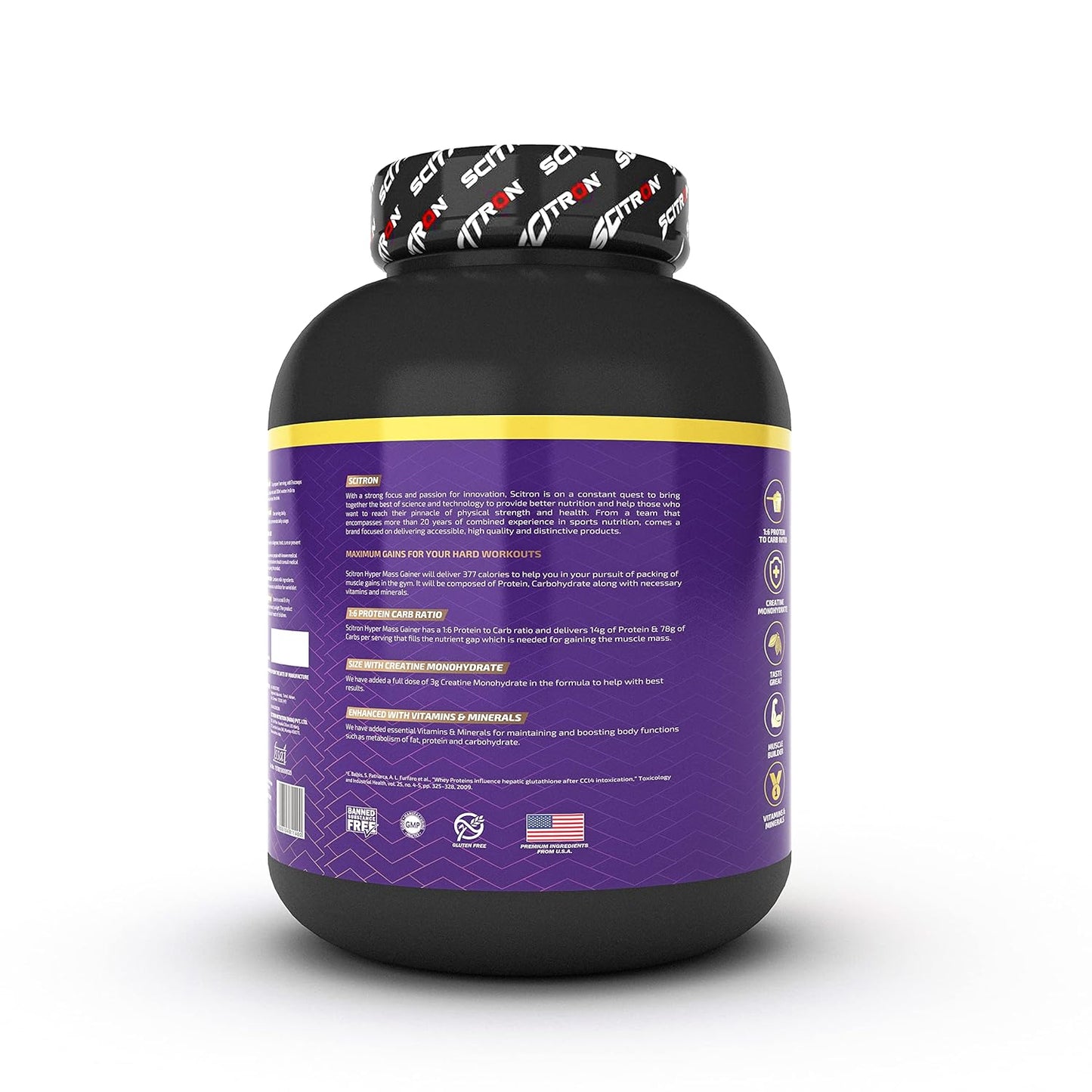 SCITRON Nitro Series Hyper Mass Gainer | 377 Kcal| 14g Protein| 78g Carbs| 3g Creatine Monohydrate| 2.92g BCAAs| 6.14g EAAs | Max Gains | Max Results