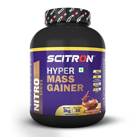 SCITRON Nitro Series Hyper Mass Gainer | 377 Kcal| 14g Protein| 78g Carbs| 3g Creatine Monohydrate| 2.92g BCAAs| 6.14g EAAs | Max Gains | Max Results