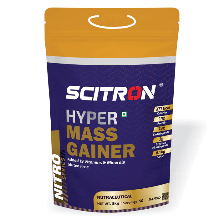 SCITRON Nitro Series Hyper Mass Gainer | 377 Kcal| 14g Protein| 78g Carbs| 3g Creatine Monohydrate| 2.92g BCAAs| 6.14g EAAs | Max Gains | Max Results