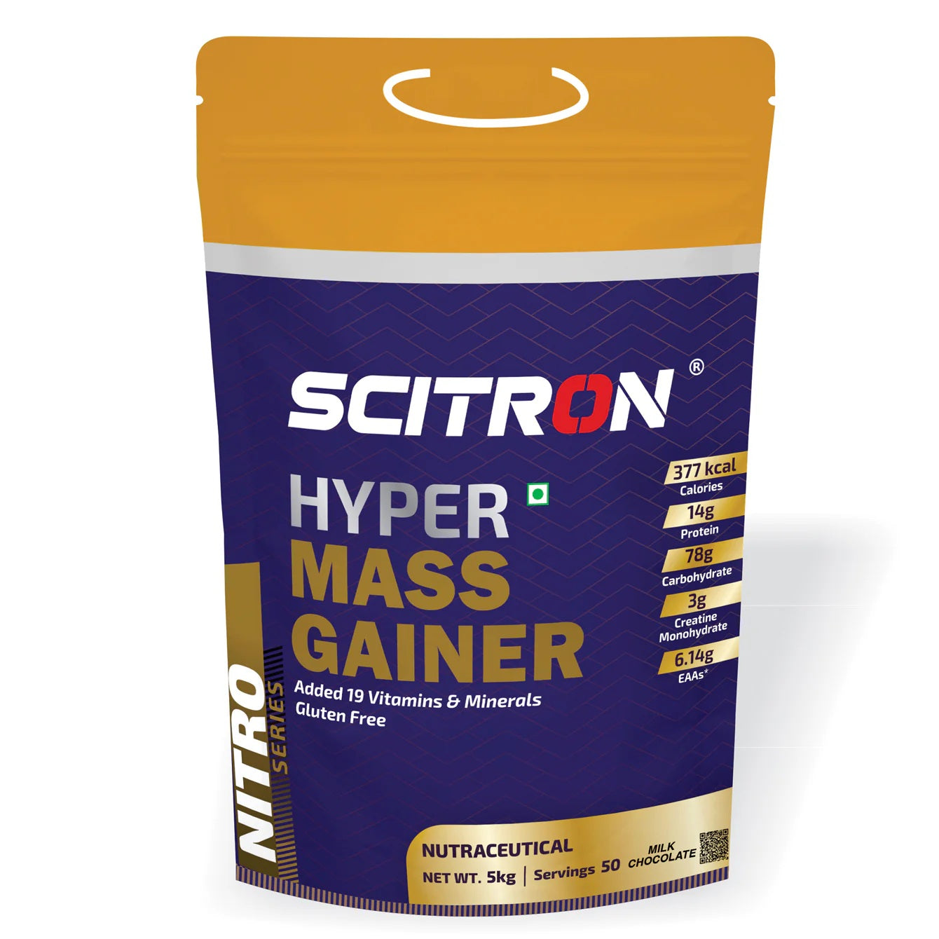 SCITRON Nitro Series Hyper Mass Gainer | 377 Kcal| 14g Protein| 78g Carbs| 3g Creatine Monohydrate| 2.92g BCAAs| 6.14g EAAs | Max Gains | Max Results