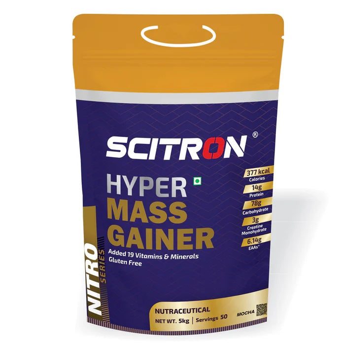 SCITRON Nitro Series Hyper Mass Gainer | 377 Kcal| 14g Protein| 78g Carbs| 3g Creatine Monohydrate| 2.92g BCAAs| 6.14g EAAs | Max Gains | Max Results
