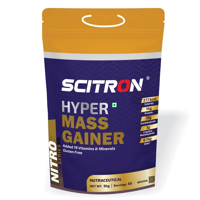 SCITRON Nitro Series Hyper Mass Gainer | 377 Kcal| 14g Protein| 78g Carbs| 3g Creatine Monohydrate| 2.92g BCAAs| 6.14g EAAs | Max Gains | Max Results
