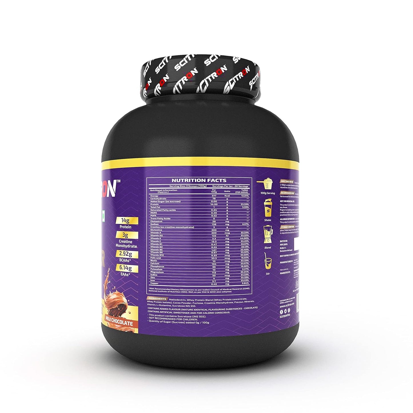 SCITRON Nitro Series Hyper Mass Gainer | 377 Kcal| 14g Protein| 78g Carbs| 3g Creatine Monohydrate| 2.92g BCAAs| 6.14g EAAs | Max Gains | Max Results