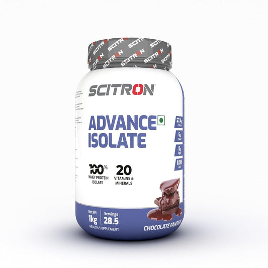 Scitron Advance Whey Protein Isolate 1Kg | Chocolate Fantasy |28.5 Servings | 27.4g Protein per Serving | 20 Essential Vitamins and Minerals | Easy Mix Formula