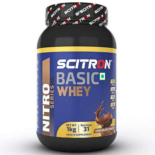 Scitron Nitro Series BASIC WHEY |14g Protein| 3.1g BCAAs| 6.5g EAAs| 0g Sugar| 31 Servings | 1kg |Chocolate Fantasy