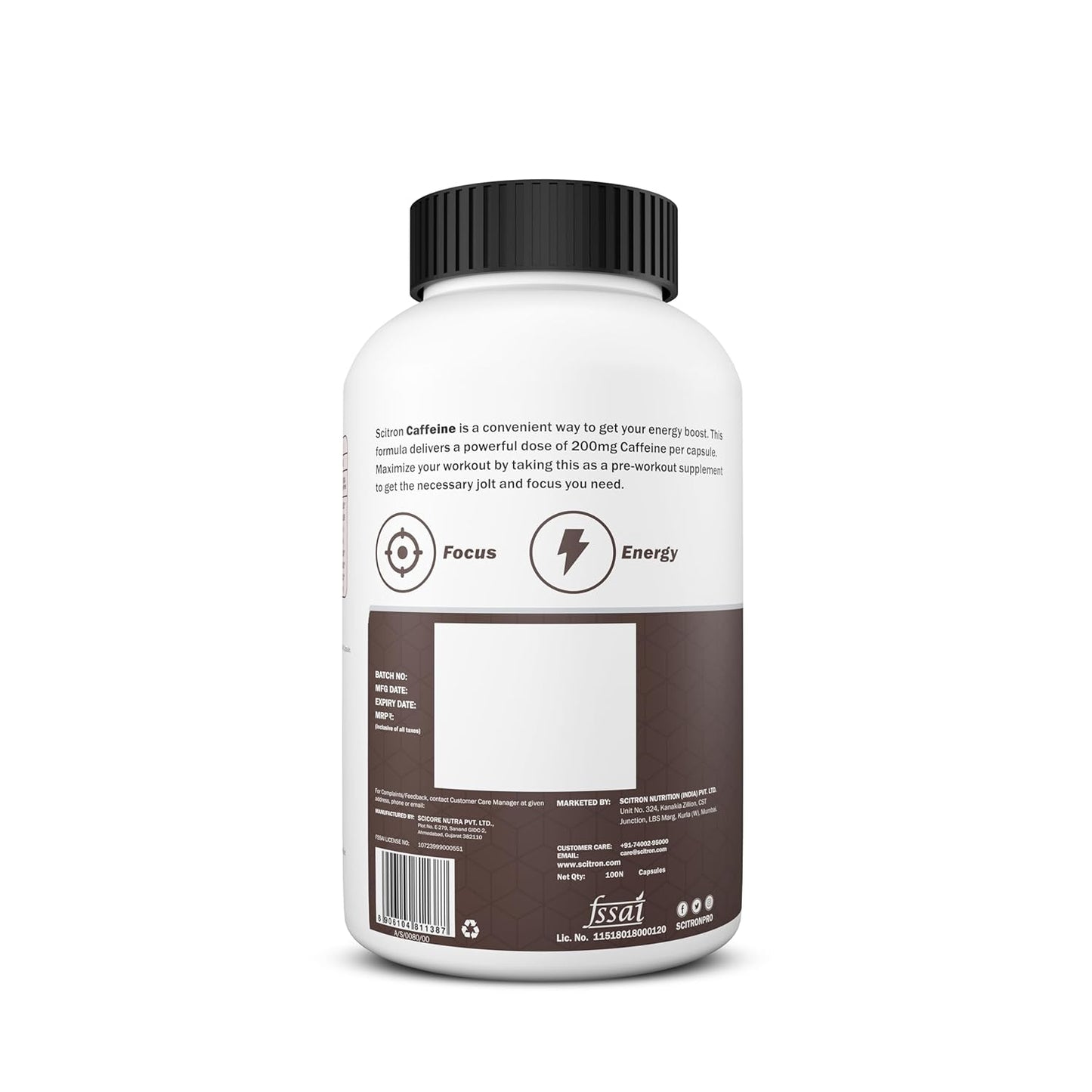 SCITRON Caffeine 200mg | Insane Focus & Powerful Energy Boost for Peak Performance | 100 Capsules